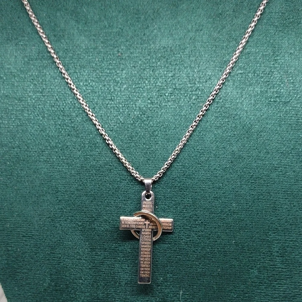 ✨ Silver Lord's Prayer Cross Pendant Necklace Interlocking Ring Unisex NWT